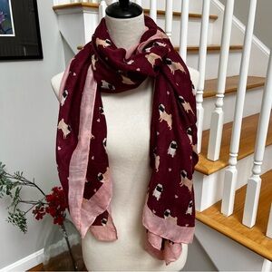 Bass Pug Print Scarf Maroon Pink Hearts Thin Lightweight Soft